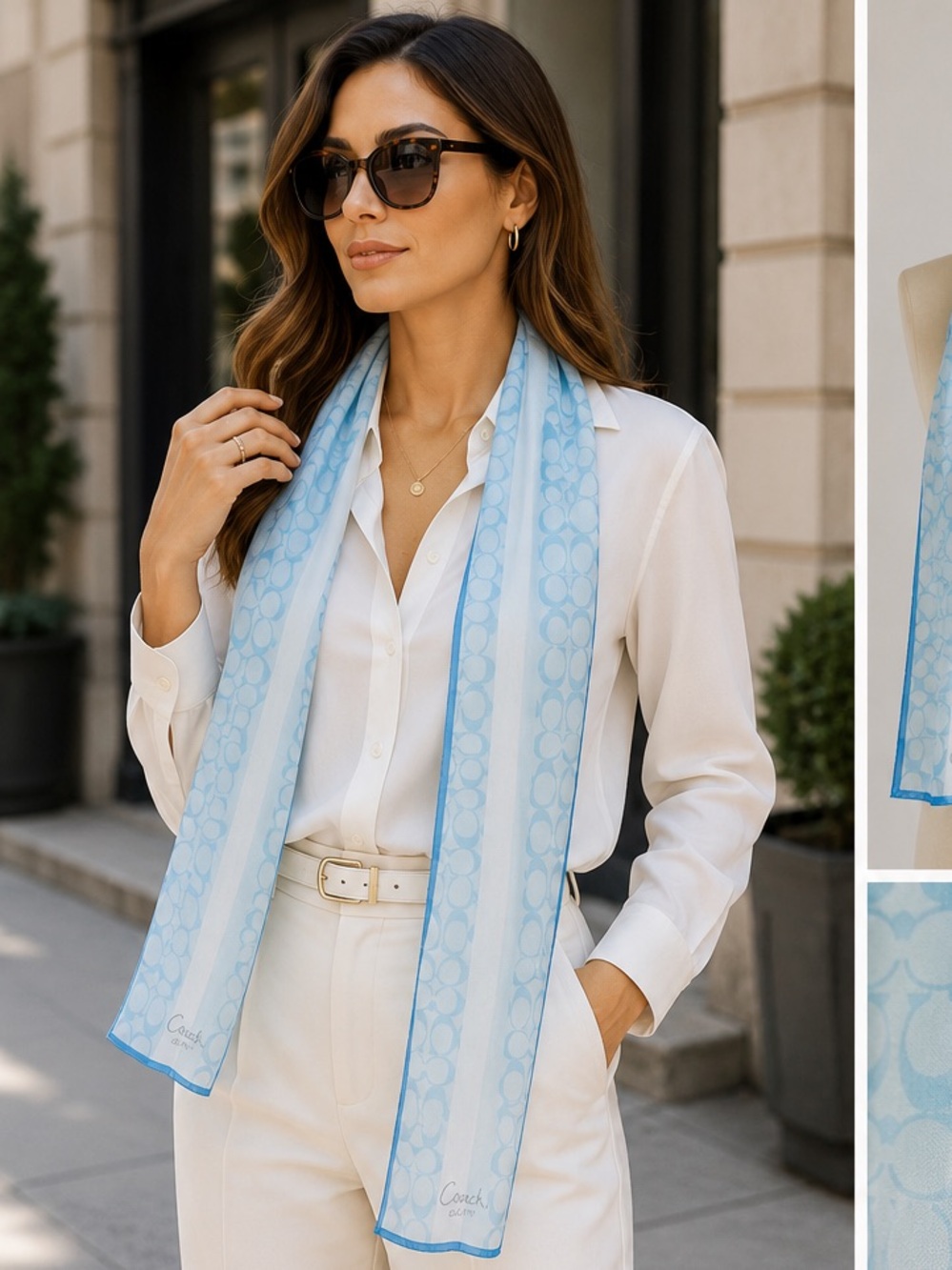 Coach Signature C Blue Sheer Oblong Scarf Aqua White Logo Print Lightweight Wrap